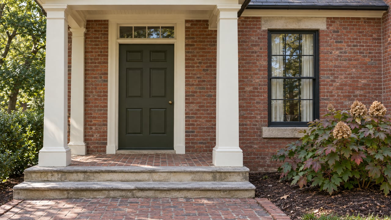 Red-brick home entry with cream porch columns, an olive-painted door, limestone steps and oakleaf hydrangea.