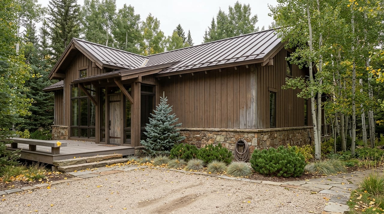 Two-story home with a stone base, timber siding, dark metal roof, and gravel motor court.