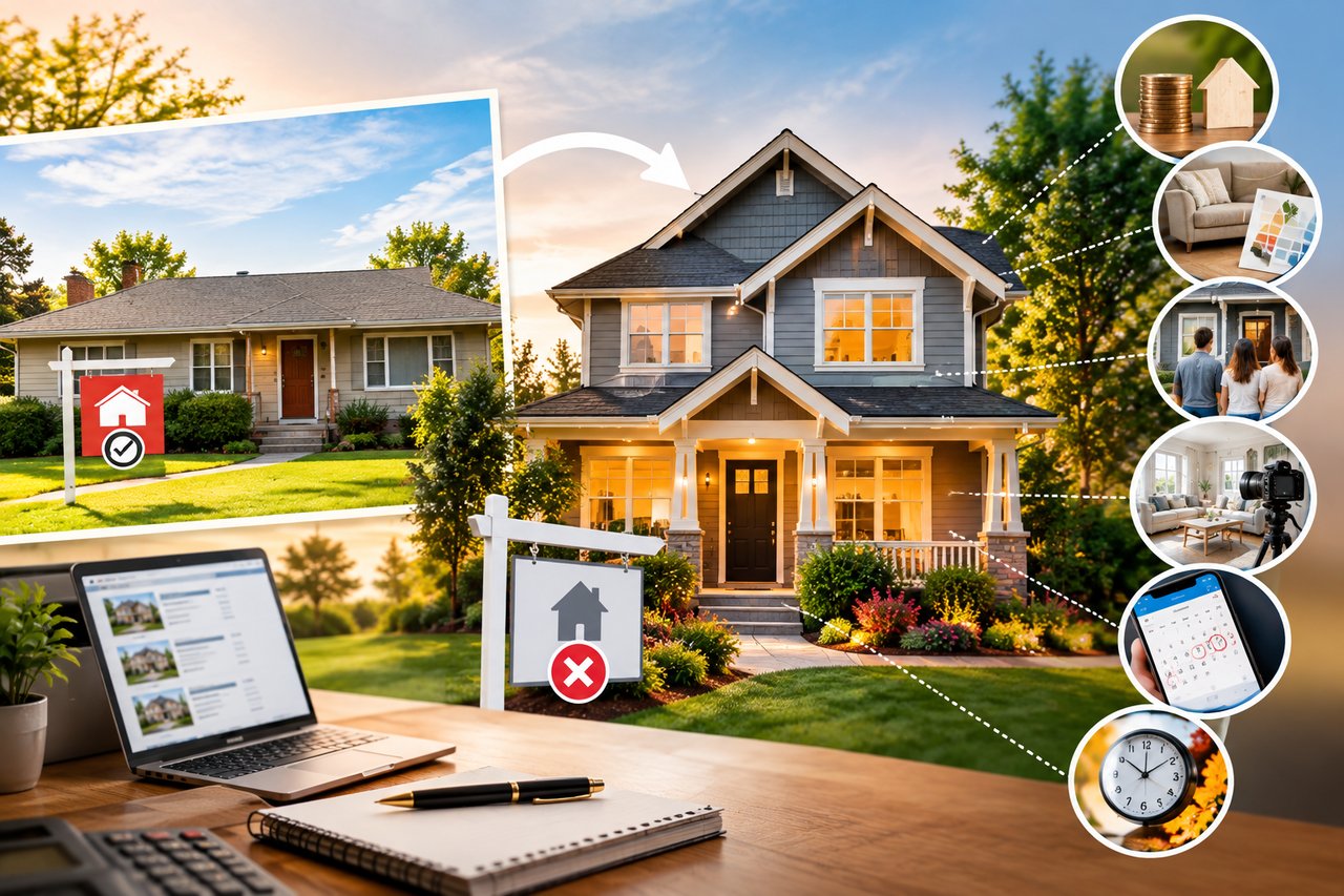 Real estate collage showing a home, listings, staging, property tours, photography, mortgage calculations, and market timing.