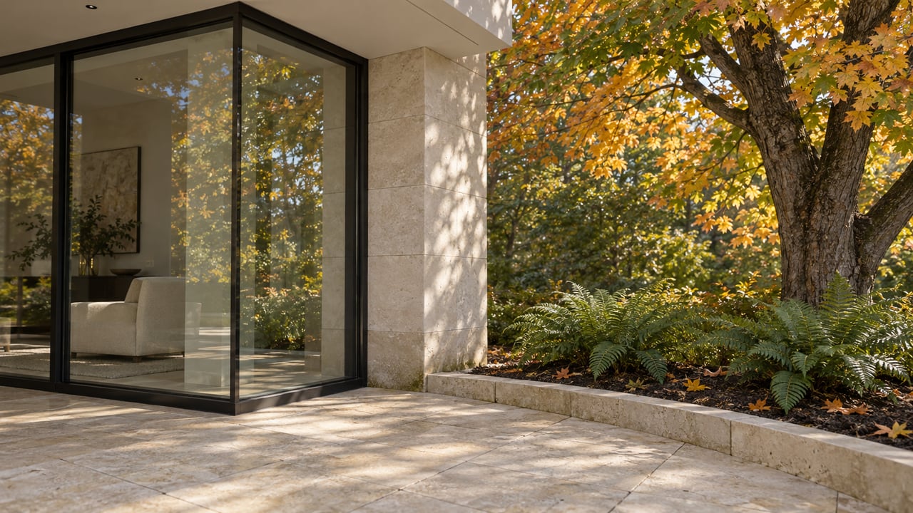 Autumn maple beside a limestone terrace and charcoal-framed glass corner of a contemporary home.