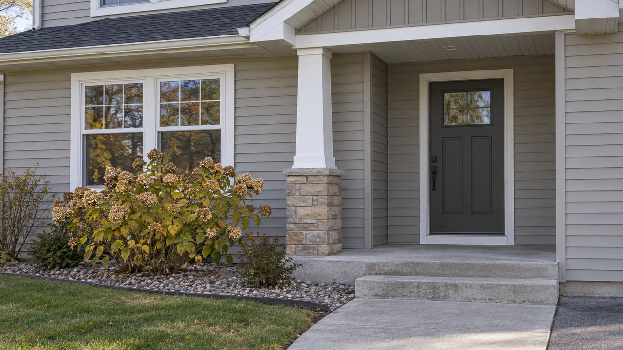 Sheltered home entry with greige siding, a stone-based porch column, concrete steps and a hydrangea carrying dried autumn flowers.