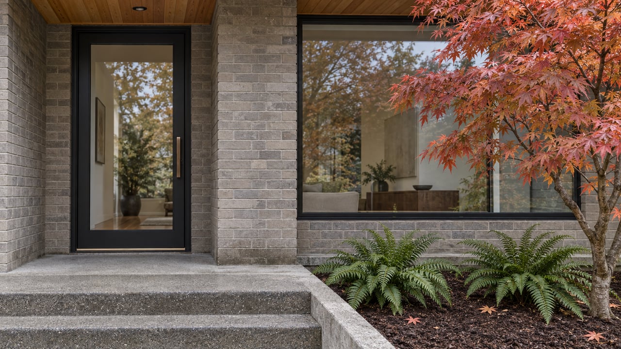 Painted-brick home entry with black-framed glazing, cedar porch ceiling and red autumn vine maple beside concrete steps.
