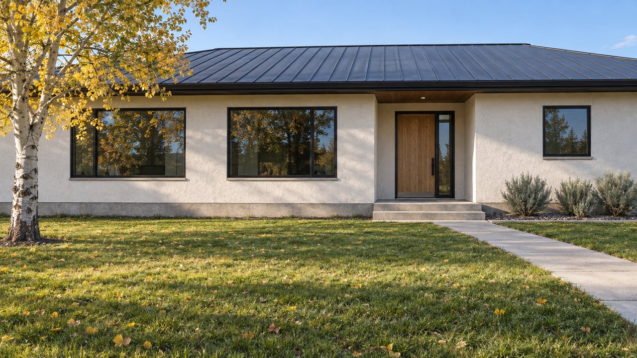 White stucco home with a charcoal metal roof, black-framed windows, deep front lawn and golden aspen beside a concrete entry path.