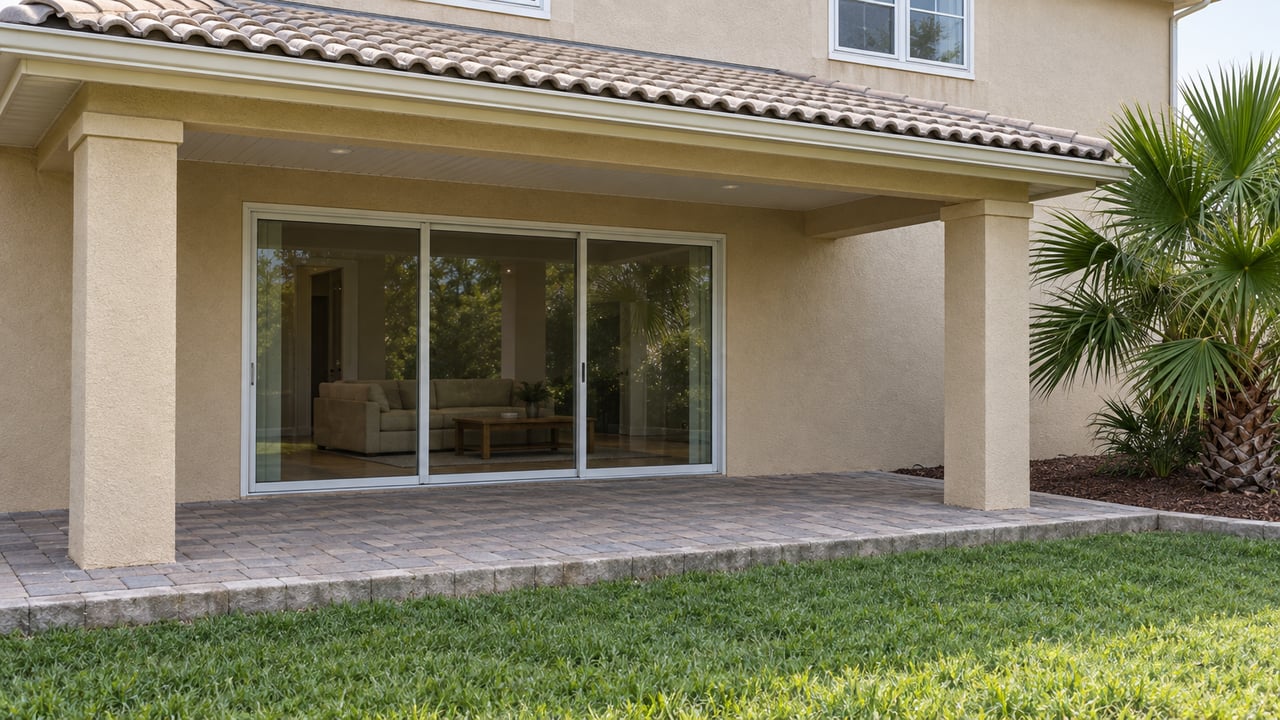 Beige stucco home with a shaded paver terrace, white-framed glass doors, a bright lawn and one sculptural fan palm.