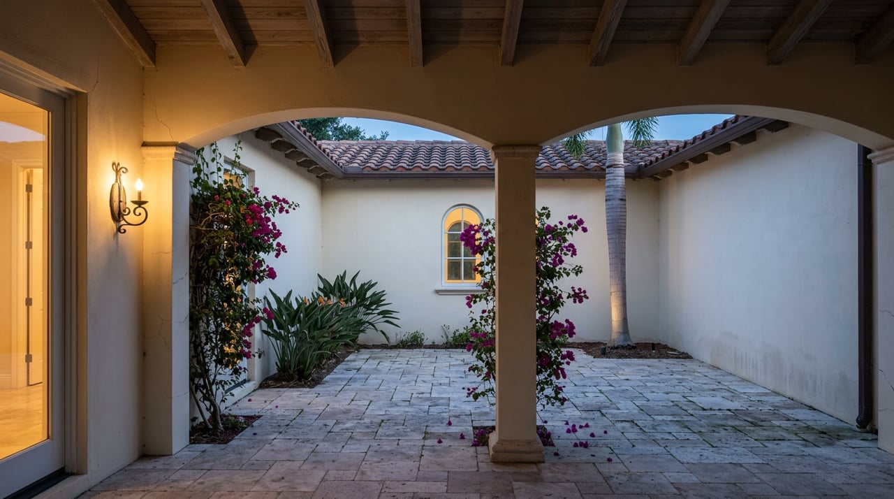 Private stucco courtyard with a glowing arched window, palm, and bougainvillea climbing a loggia column.