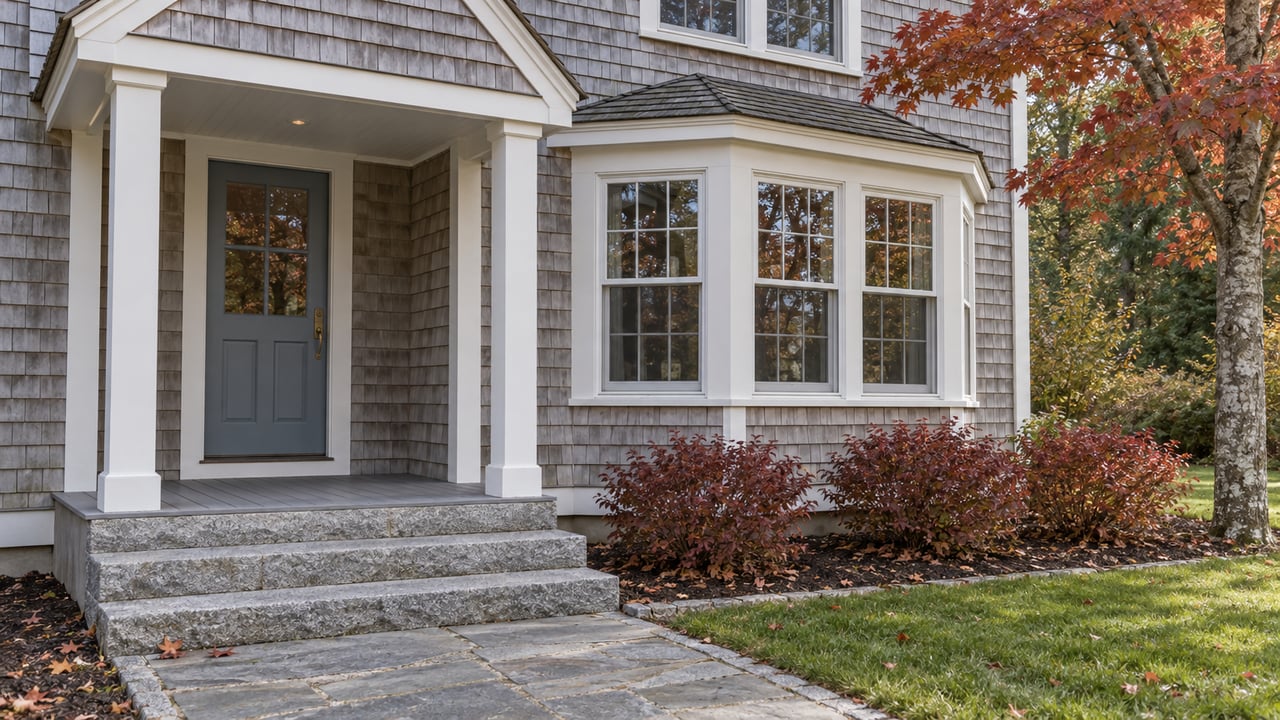 Weathered gray-shingle house with a covered blue-gray front door, white-trimmed bay windows, granite steps and red autumn foliage.