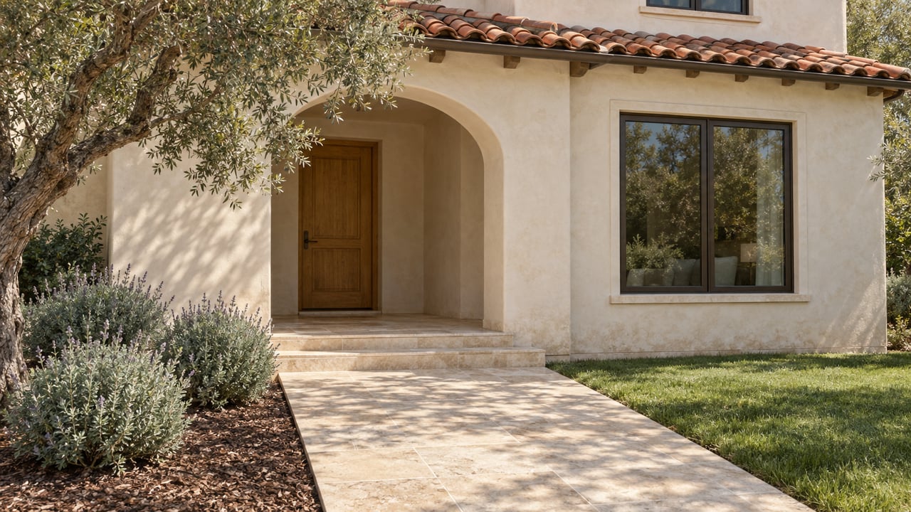 Cream stucco home with a terracotta porch roof, arched oak-door entrance, limestone path, olive tree and silver-green sage planting.