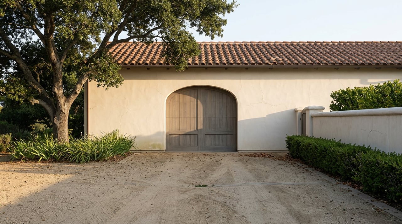 Stucco garage with an arched weathered wood door, clay-tile roof, and oak canopy.
