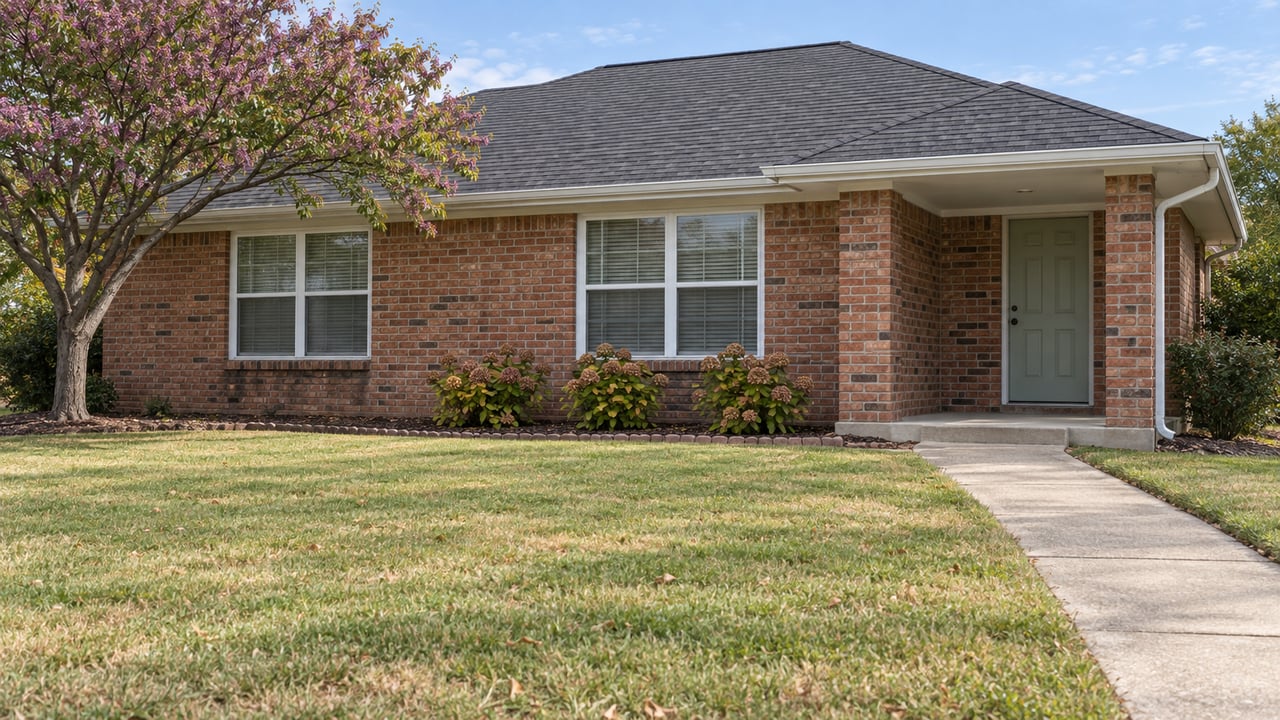 Single-story red-brown brick home with a broad lawn, concrete front walk, covered entry, and a spreading redbud tree.