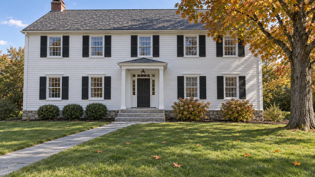White clapboard house with black shutters, granite entry steps and a deep lawn beneath an autumn maple.