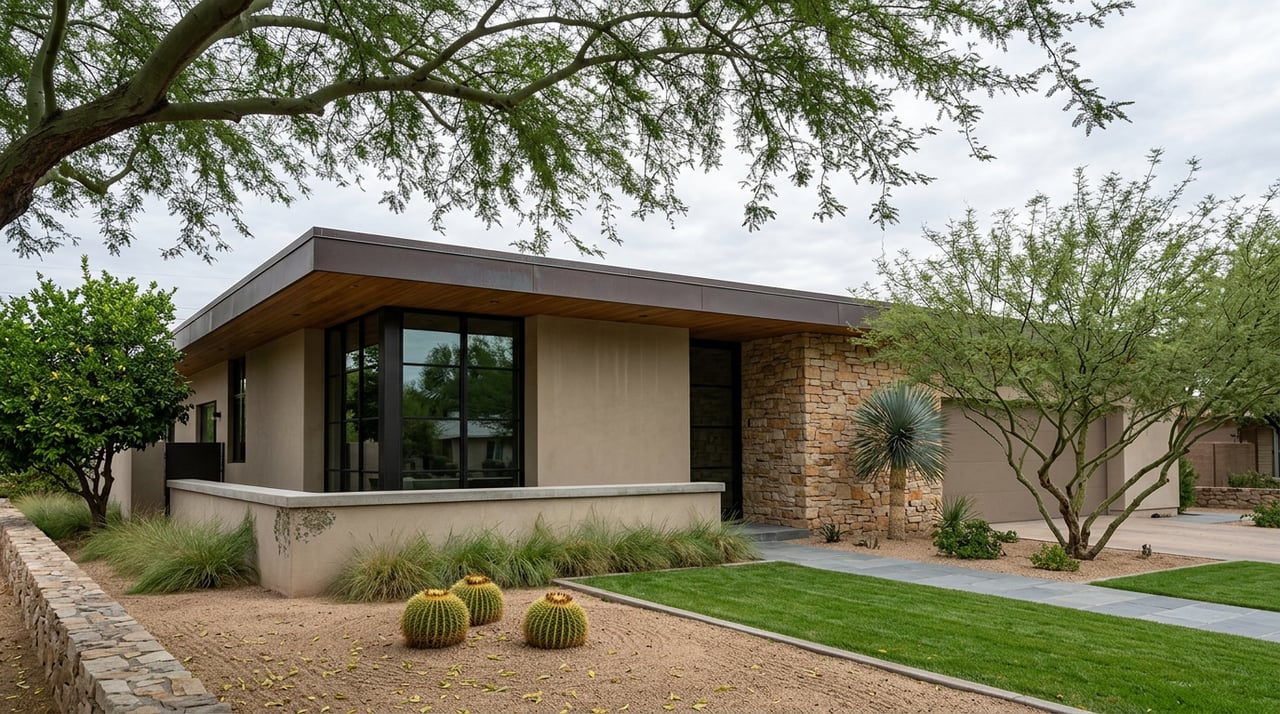 Contemporary stucco home with a stone entry wall, shaded glazing, and desert garden beneath a spreading mesquite tree.