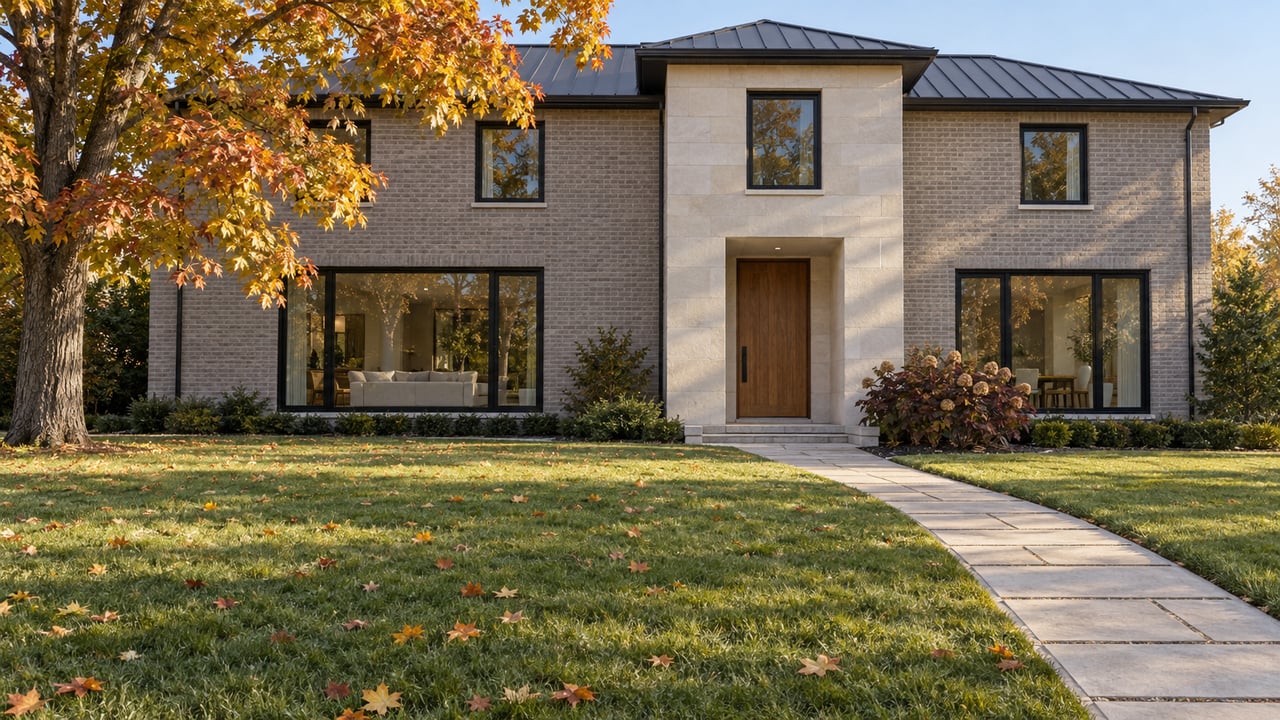 Modernized brick and limestone home beyond a deep autumn lawn, with black-framed windows and a golden sugar maple.