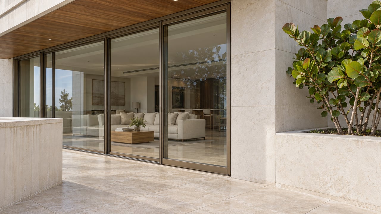 A sunlit residential terrace with pale limestone, closed bronze-framed glass doors, a teak soffit and one sculptural sea grape specimen.