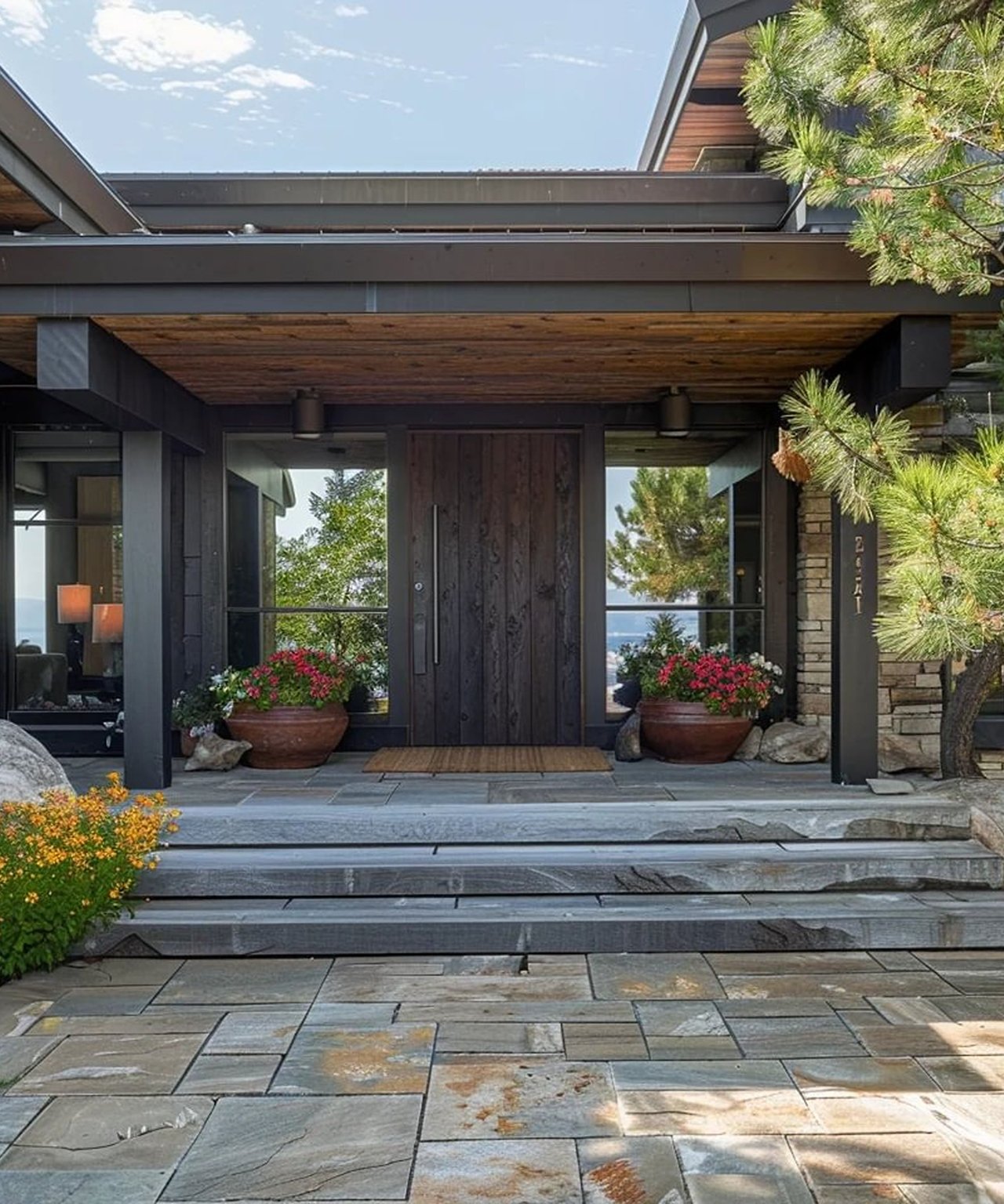 Modern home entrance with a dark wood door, broad stone steps, and flower planters beneath a deep roof overhang.
