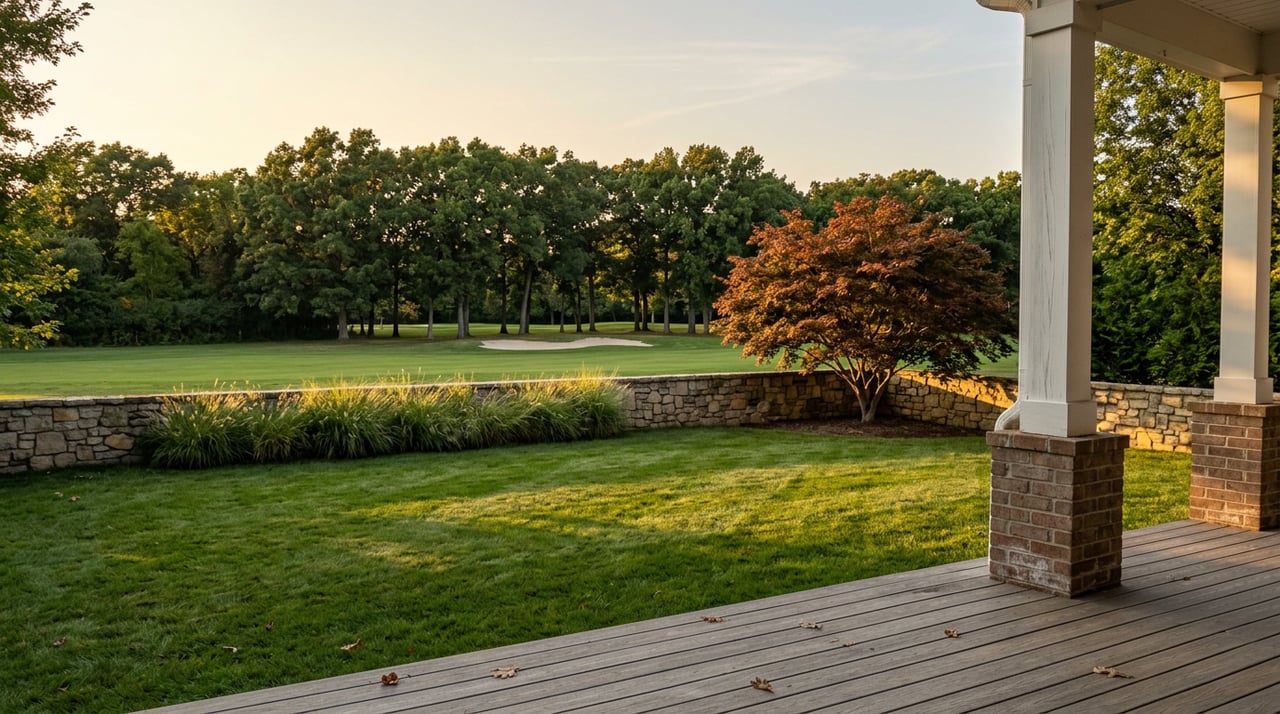 Backyard lawn, low stone wall, red Japanese maple, and a sand bunker glimpsed among trees.