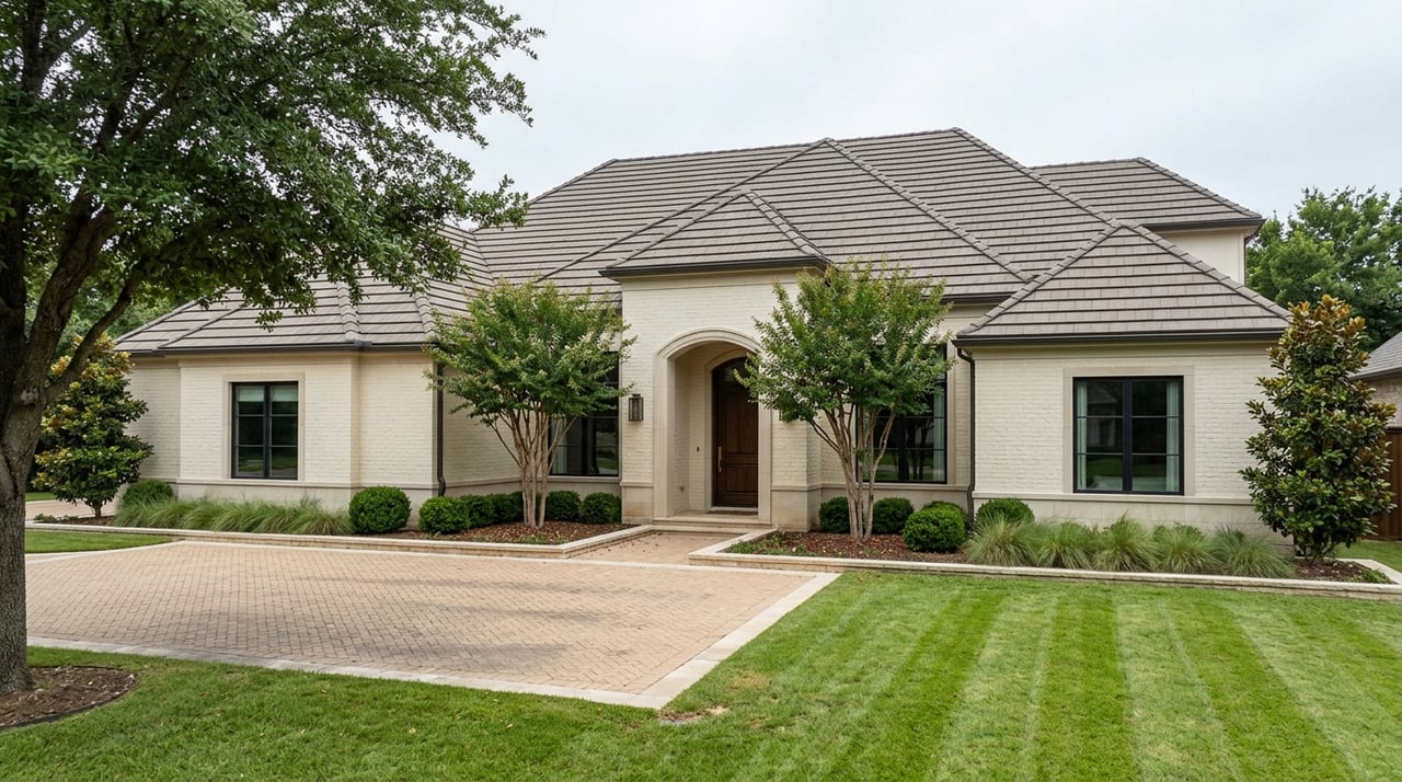 Cream-brick home with an arched entry, gray-brown tiled roof, and herringbone paver motorcourt beside a striped lawn.