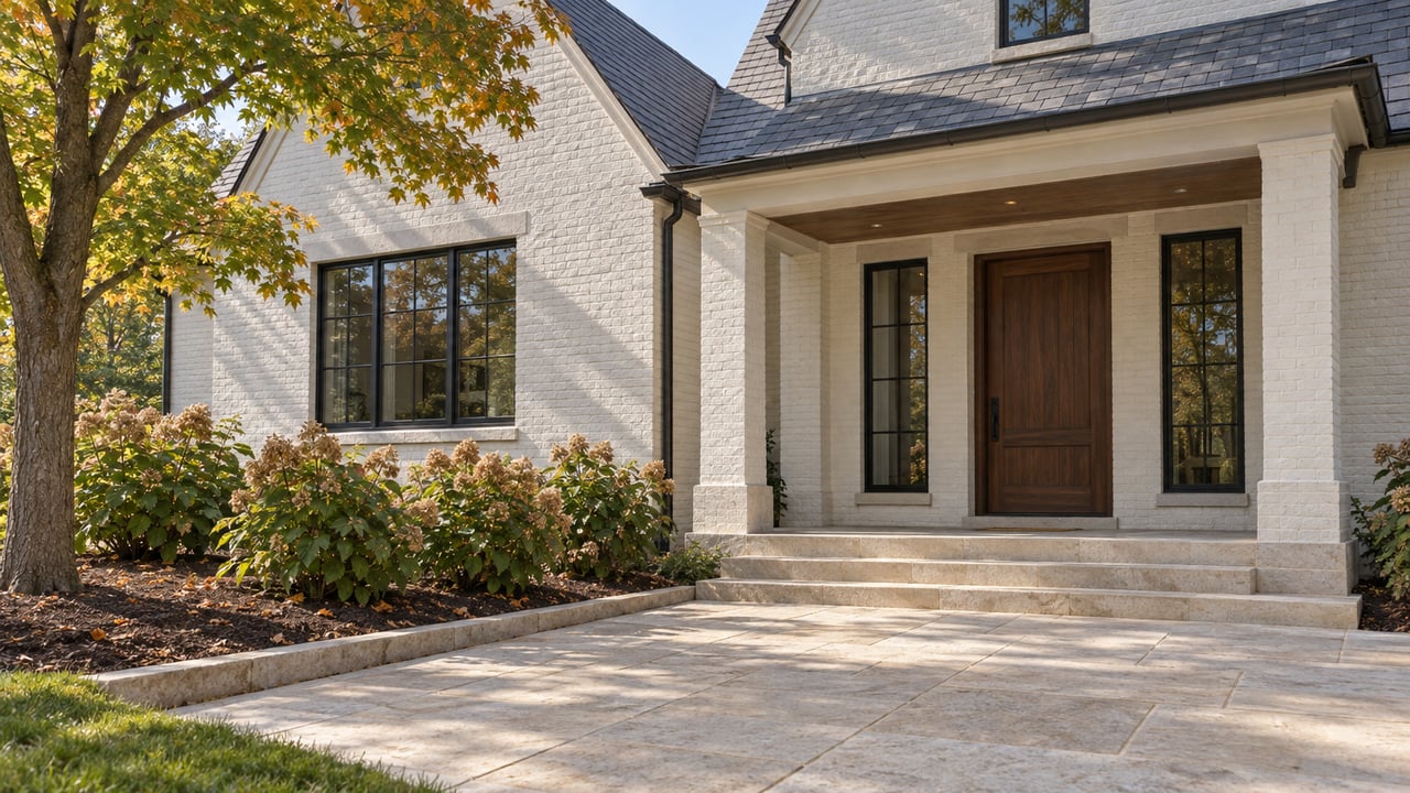 Painted-brick estate entrance with walnut door, limestone approach, dark-framed windows and a mature maple beside oakleaf hydrangeas.