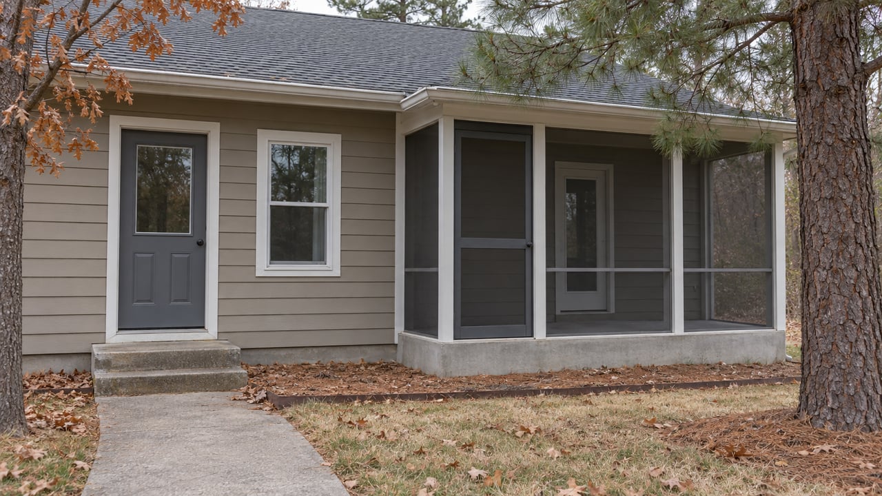 Taupe single-story home with a screened porch, concrete entry path and mature pine amid late-fall leaves.