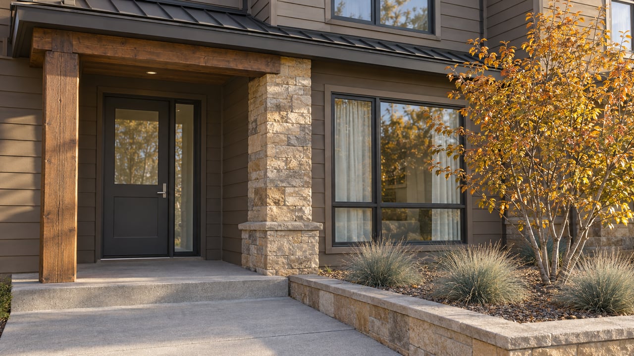 Modern home entrance with timber and stone porch details and orange autumn foliage.