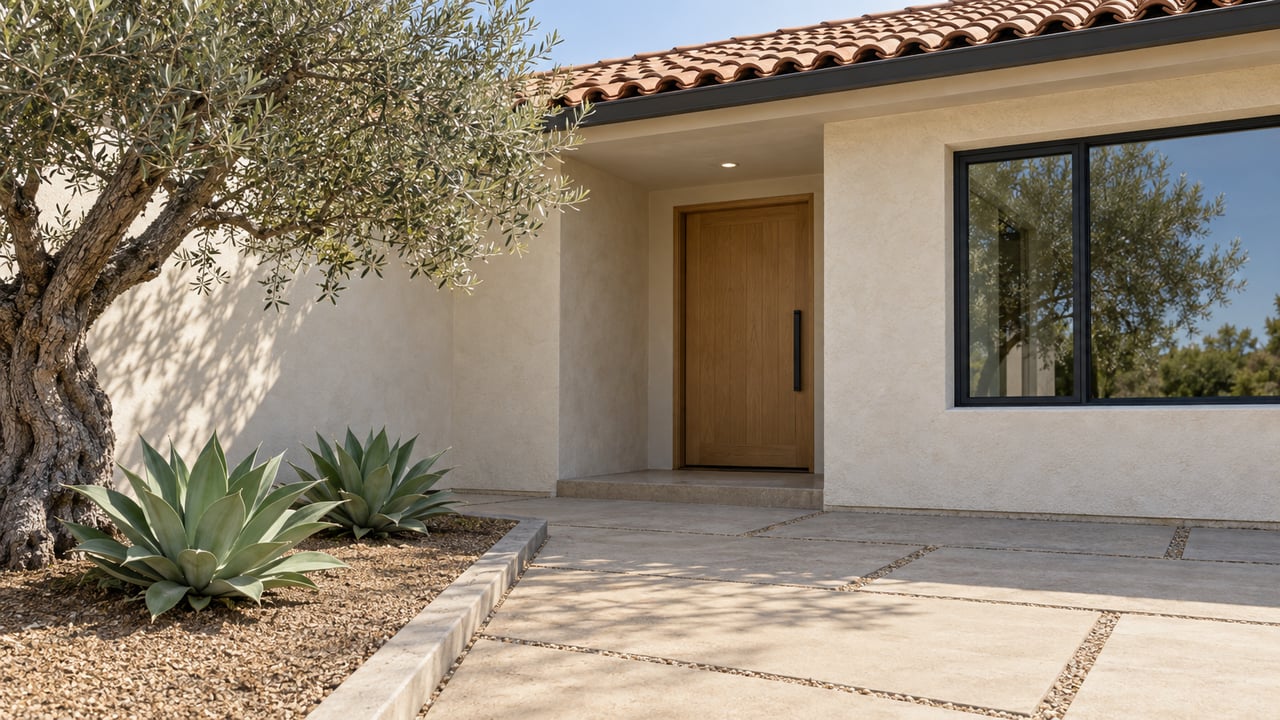 Ivory stucco house entrance with an oak door, terracotta roof tiles, and an olive tree beside the paved approach.