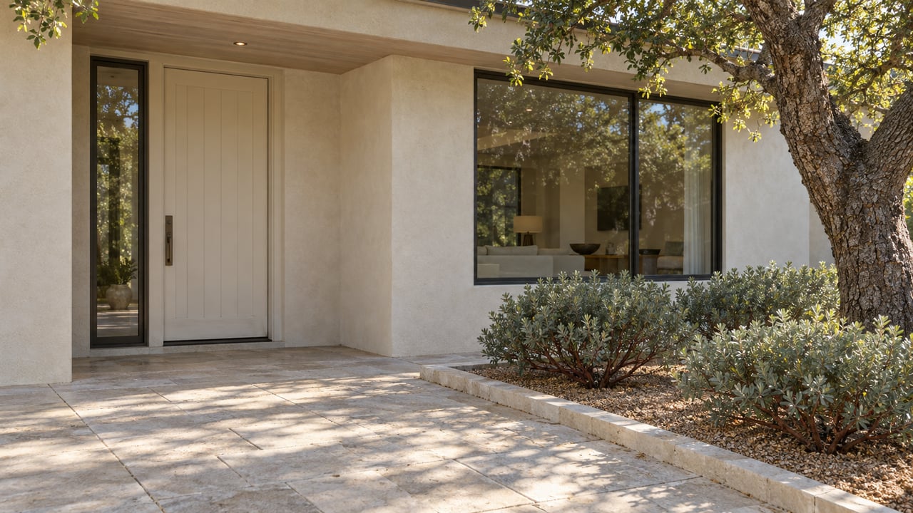 Pale stucco house entry with a recessed door, limestone approach, and oak beside the planted bed.