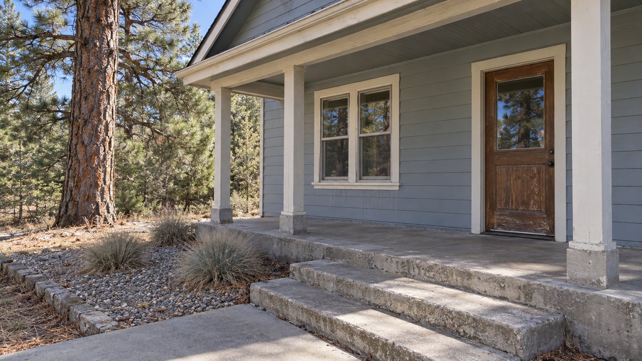 Weathered blue-gray cottage porch with concrete steps, cream trim and a mature pine beside a gravel planting bed.