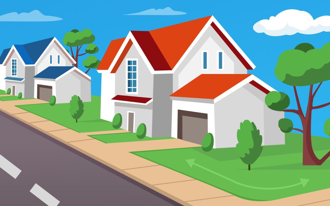 Illustration of a red-roofed house on a residential corner lot beside intersecting roads.