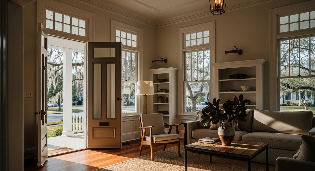 Bright living room with an open front door, tall windows, built-in shelves, and a sofa around a coffee table.