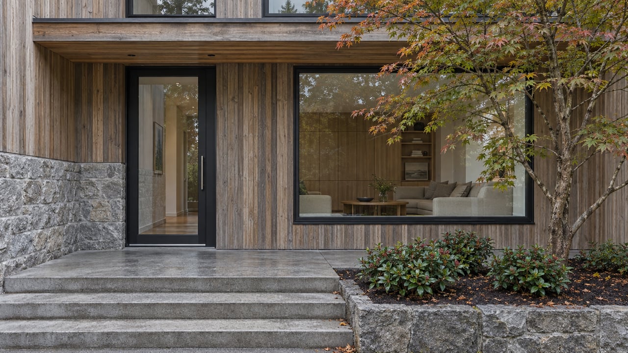 Compact house entry with weathered cedar siding, basalt masonry, concrete steps, and a small maple.