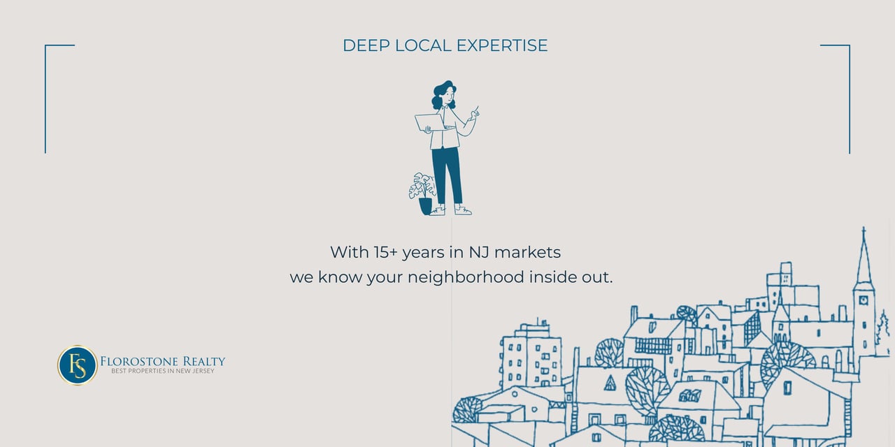 Florostone Realty illustration emphasizing deep local expertise with over 15 years of experience in New Jersey real estate markets, highlighting neighborhood knowledge and personalized service.