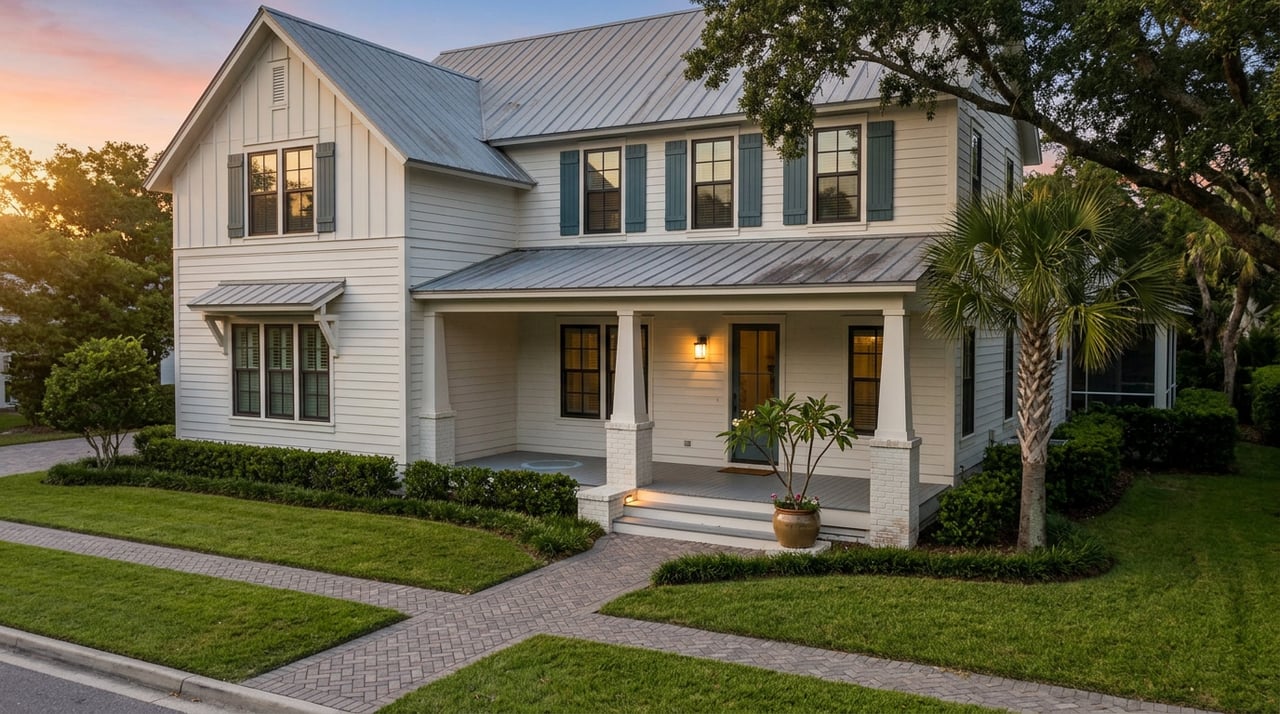 Two-story oyster-white coastal home with a lit porch sconce, teal shutters, live oak canopy, and brick walkway.
