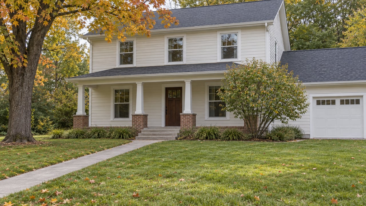 Two-story off-white house with a broad lawn, curved walkway, and maple tree with amber leaves.