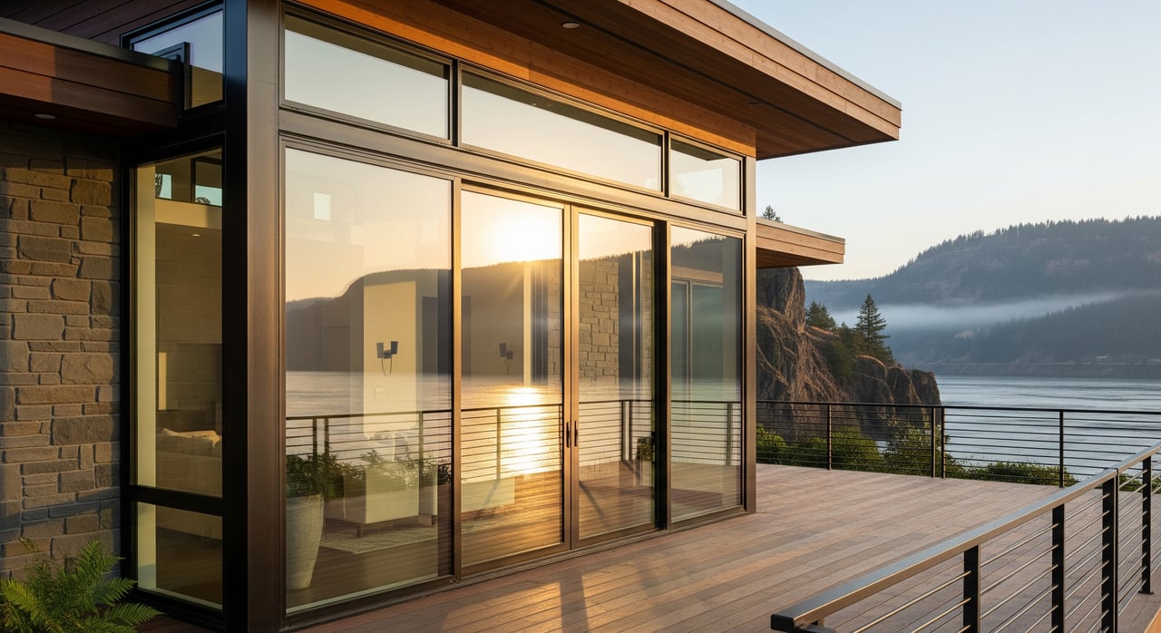 Modern lakeside house with floor-to-ceiling glass doors and a wooden deck overlooking misty, forested hills.