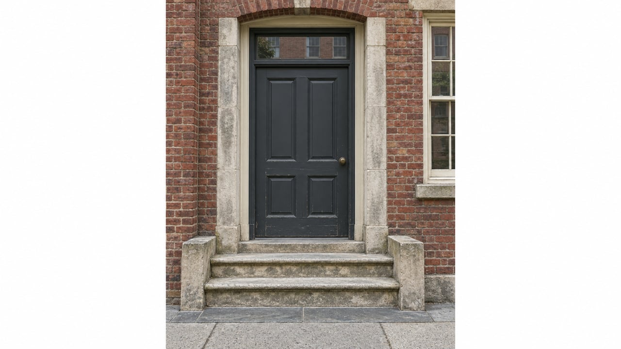 Dark paneled front door in a red brick facade, framed by stone trim above broad stone steps.