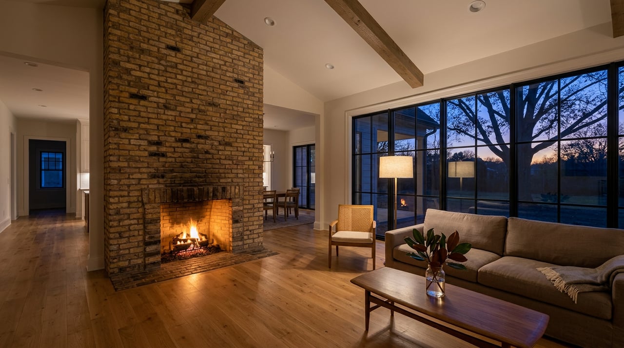 Great room with an angled brick fireplace, glowing floor lamp, honey-toned hardwood, and indigo dusk beyond the windows.