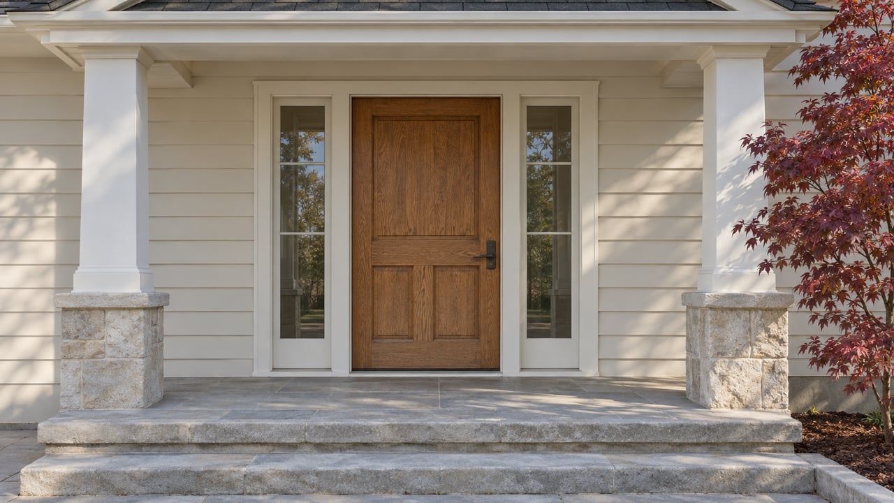 An ivory-sided home's covered oak entry with paired sidelights, limestone steps and burgundy dogwood leaves in morning light.