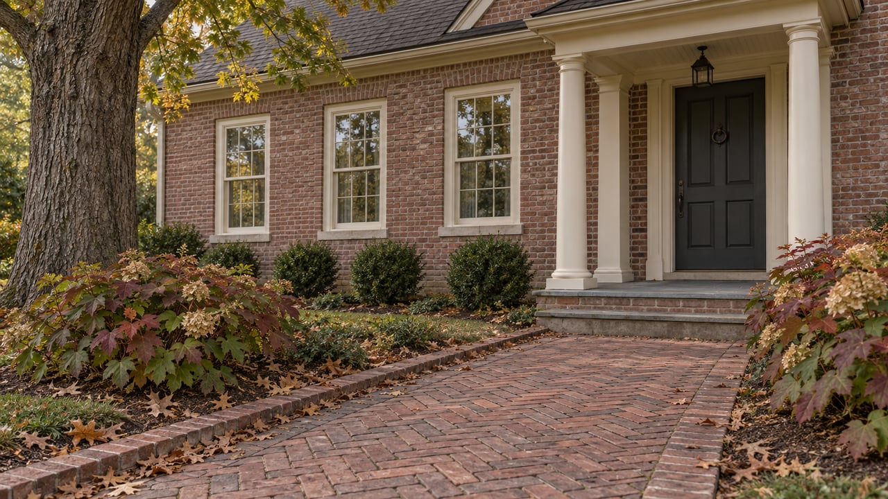 Brick walk leading to a columned porch and recessed dark door, bordered by burgundy hydrangeas beneath an oak tree.