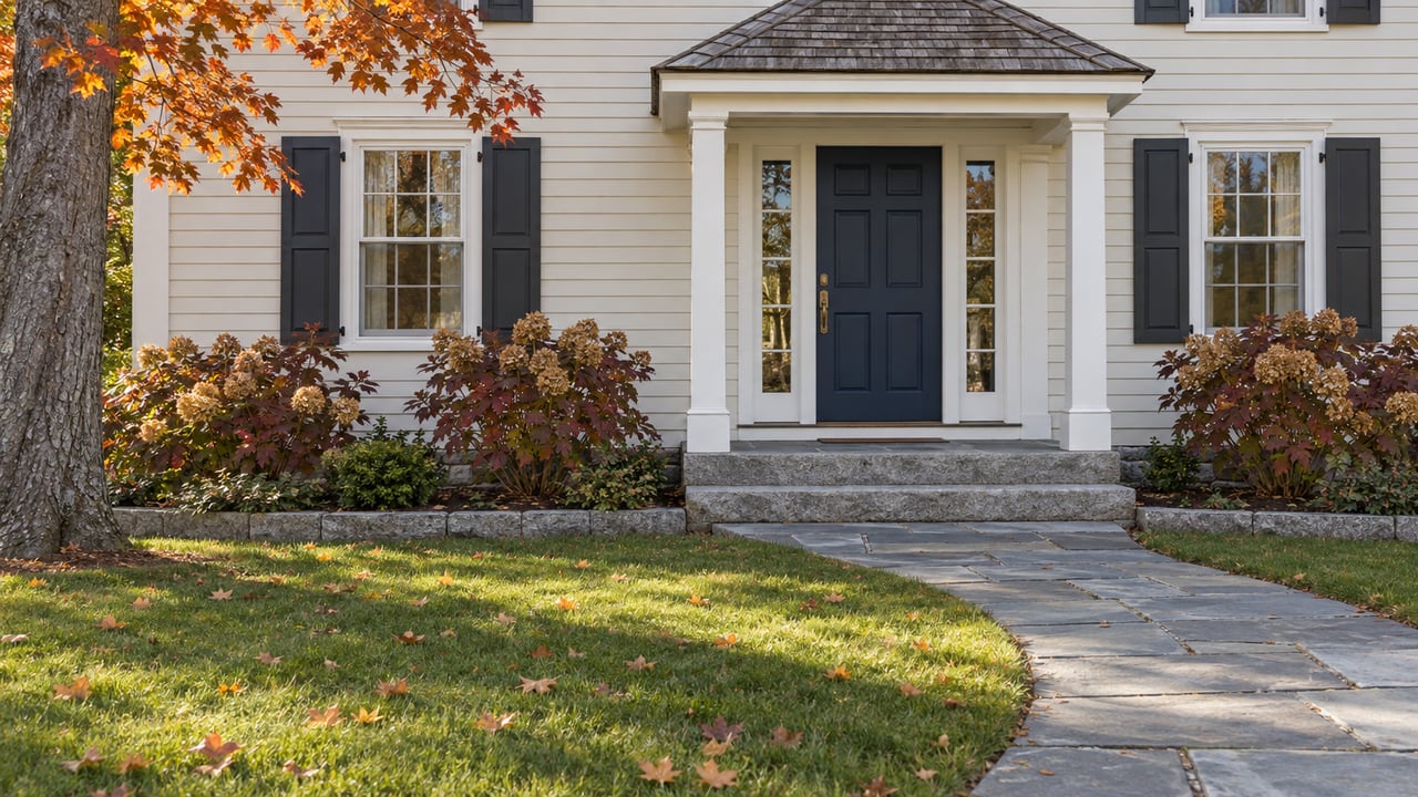 Ivory clapboard home with navy front door, paired sash windows, weathered stone approach and burgundy oakleaf hydrangeas in autumn sunlight.