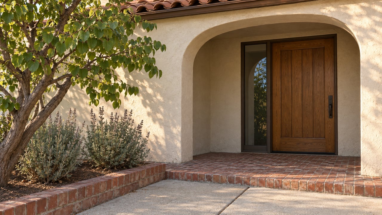 Cream stucco entry with a clay-tile eave, recessed oak door, brick landing, and carefully edged drought-tolerant planting.