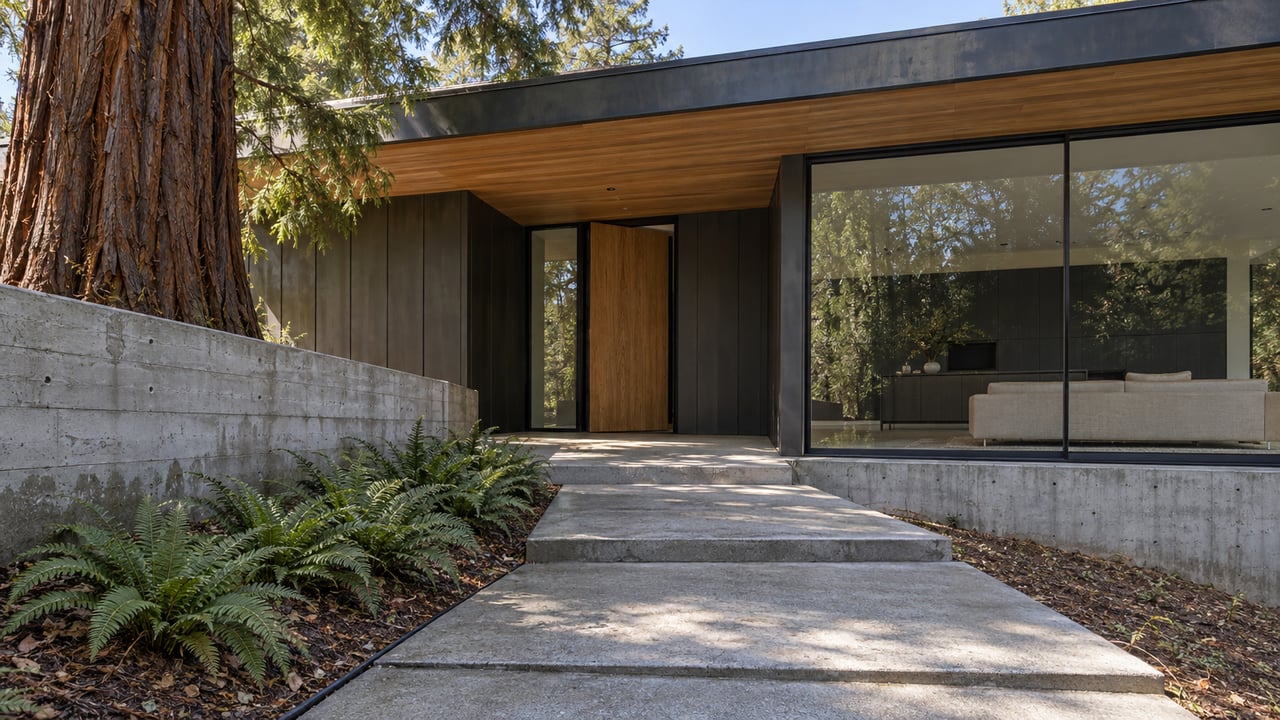 Modern timber-and-glass home above a stepped concrete approach, with a mature redwood and sword ferns.