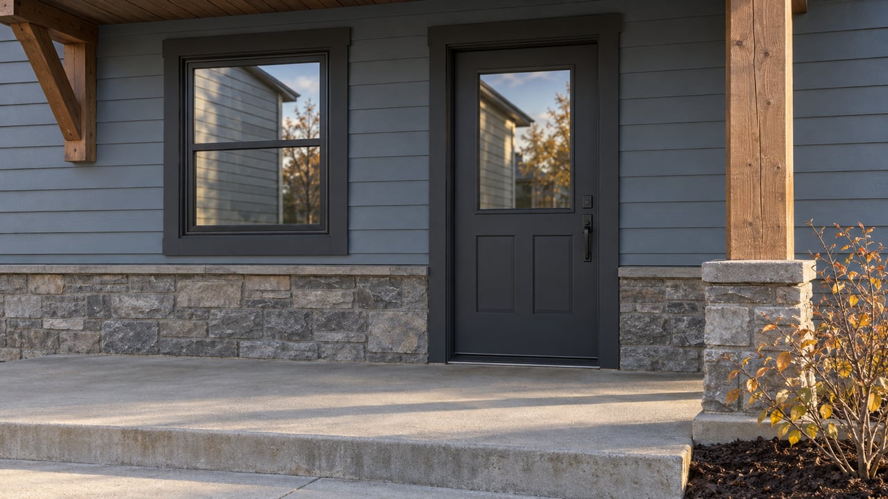 Close view of a blue-gray townhouse entry with a timber porch post, stone foundation and an autumn serviceberry beside the concrete landing.