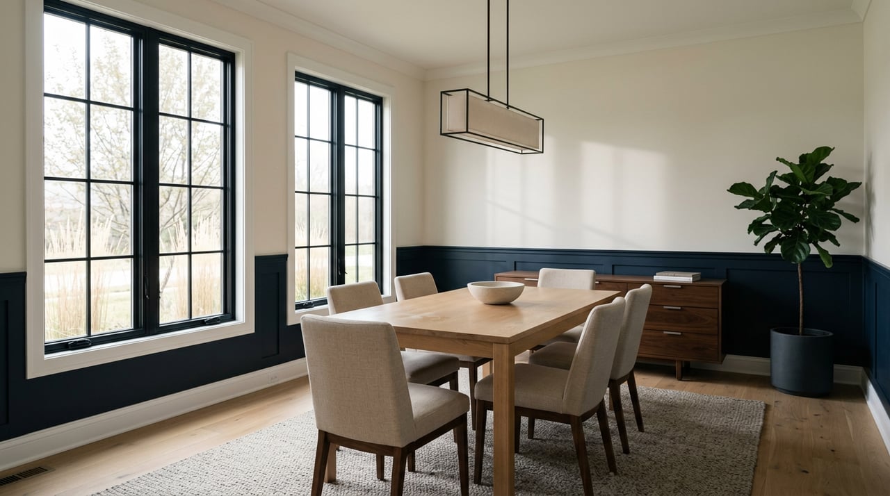 Oak dining table with six linen chairs beside tall black-framed windows and navy wainscoting.