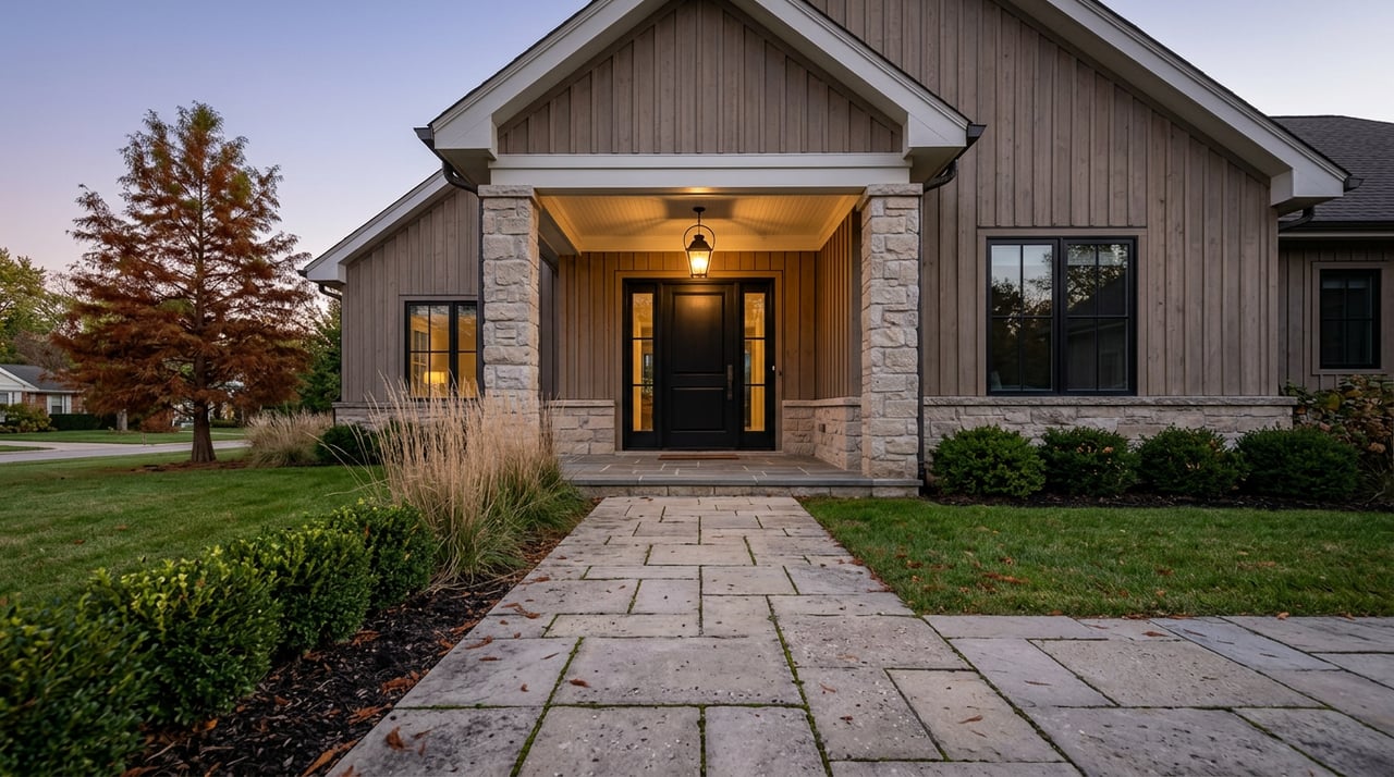 Stone-and-cedar home entry and porch lantern illuminate a walkway across the lawn at dusk.