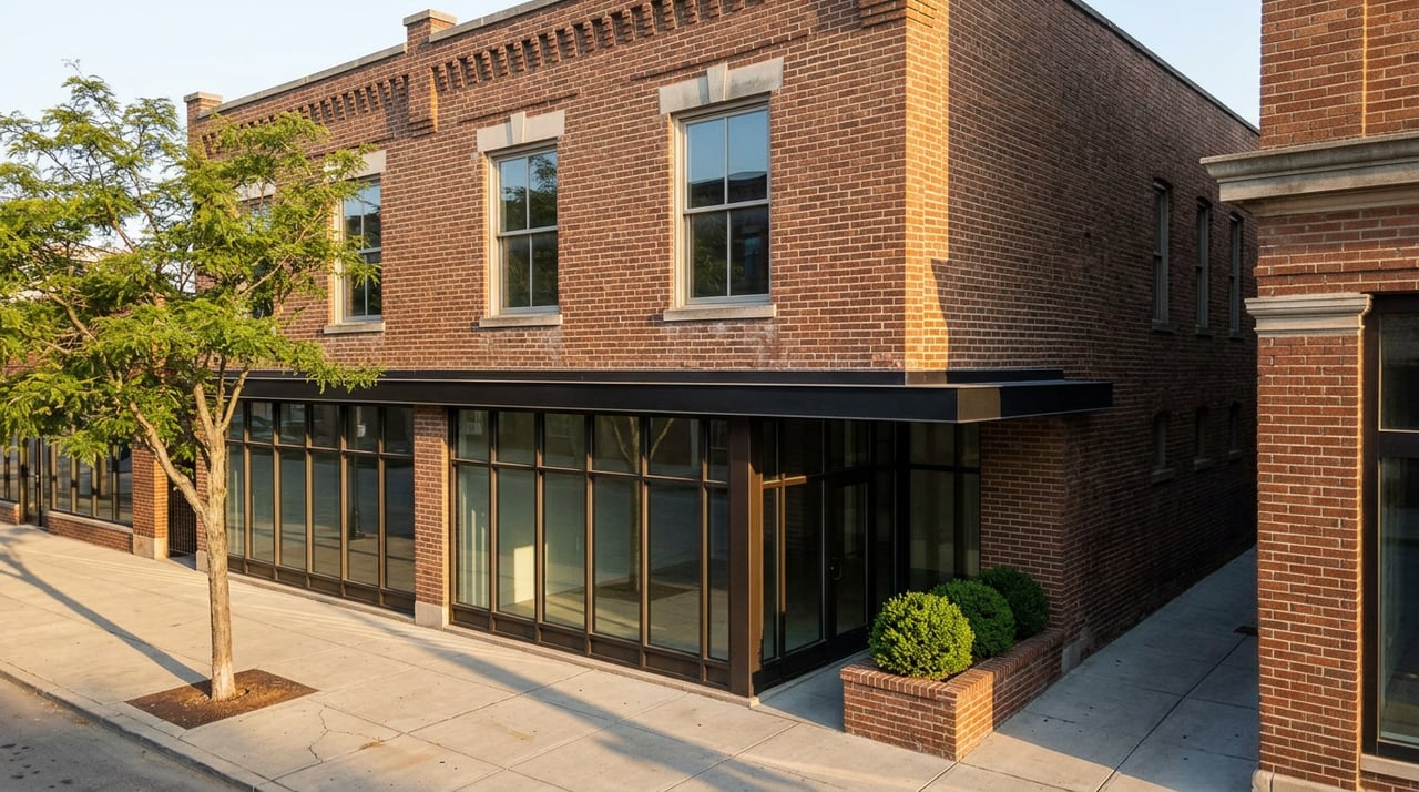 Brick storefront with tall upper windows, dark steel glazing, and honey locust shadows across the sidewalk.