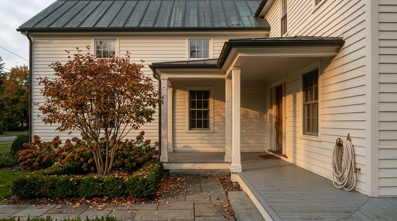 Historic white clapboard home with a charcoal-green metal roof, covered porch, and copper-red serviceberry beside the stone walkway.