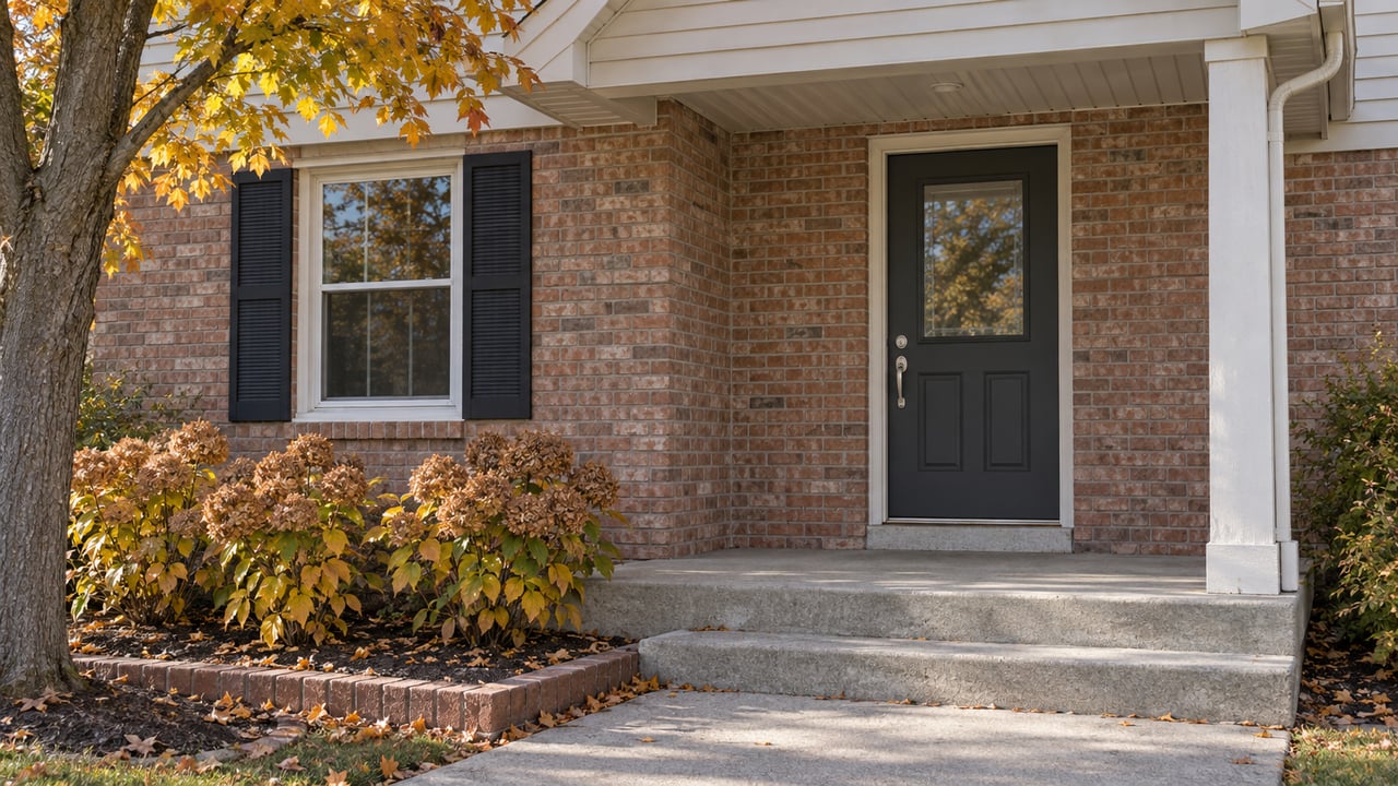 Autumn light across a brick home's covered entrance, charcoal door, shuttered window and concrete steps beside dried hydrangeas and amber maple foliage.