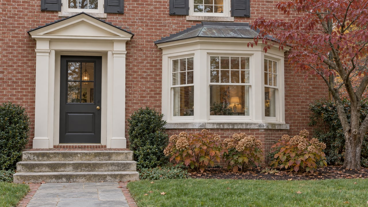 Red brick home with a charcoal entry door, limestone steps, white sash windows and autumn dogwood beside a projecting window bay.