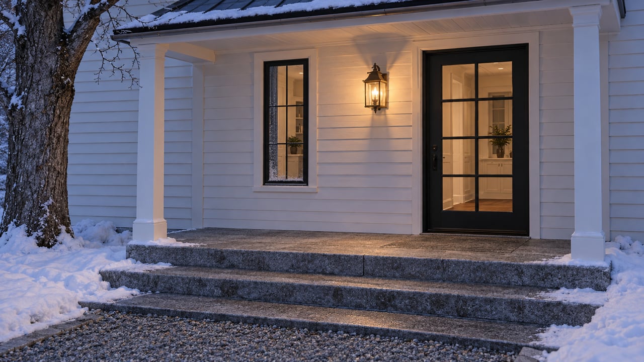 Snow-edged granite steps lead to a warmly lit, black-framed entrance beneath a shallow porch roof on a white clapboard house.