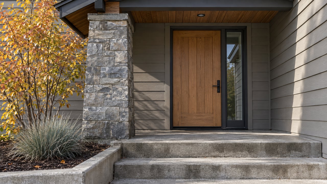 Autumn light falls on an oak front door, gray stone porch pier and concrete steps beside copper-yellow serviceberry foliage.