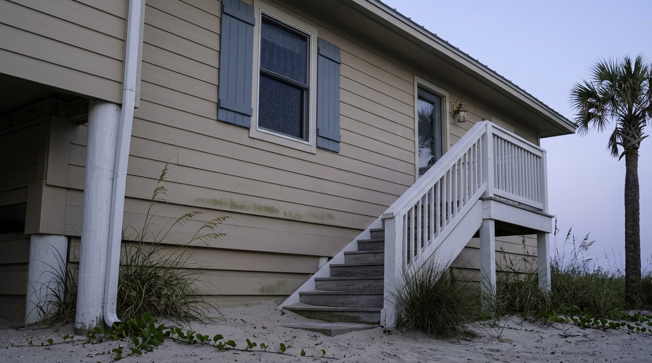 Raised beach house with weathered wooden stairs, white pilings, dune grasses, and a closed blue shutter beneath a pale sky.